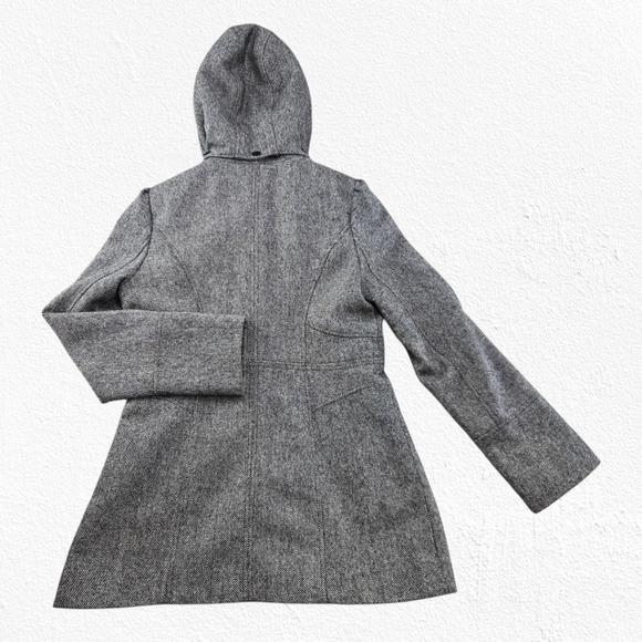 Guess Gray Wool Blend Toggle Tweed Coat Hooded Short Peacoat Size Medium - Picture 12 of 12